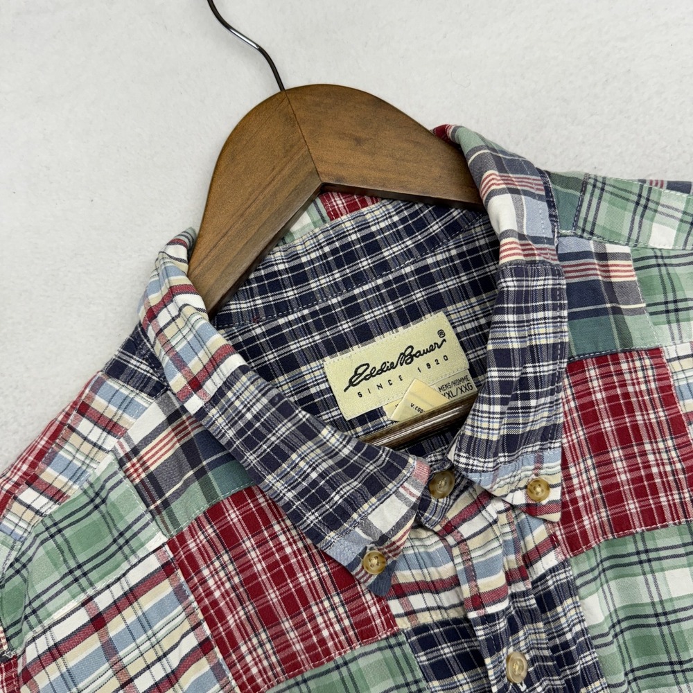 Vintage Eddie Bauer Shirt Men's 2XL Colorful Button Down Indian Madras Patchwork